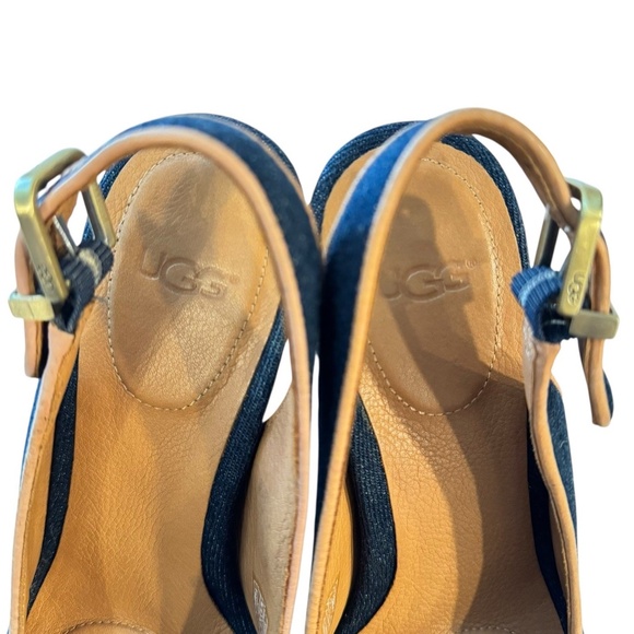 UGG Slingback Pumps Heels Peep Toe Shoe Blue Denim Brown Leather Womens Size 6.5 - Picture 10 of 12